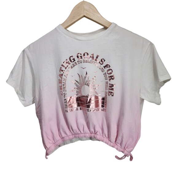 H&M Drawstring T-shirt‎ Short Sleeve Girls Size US 12/14 White Pink - Picture 1 of 6